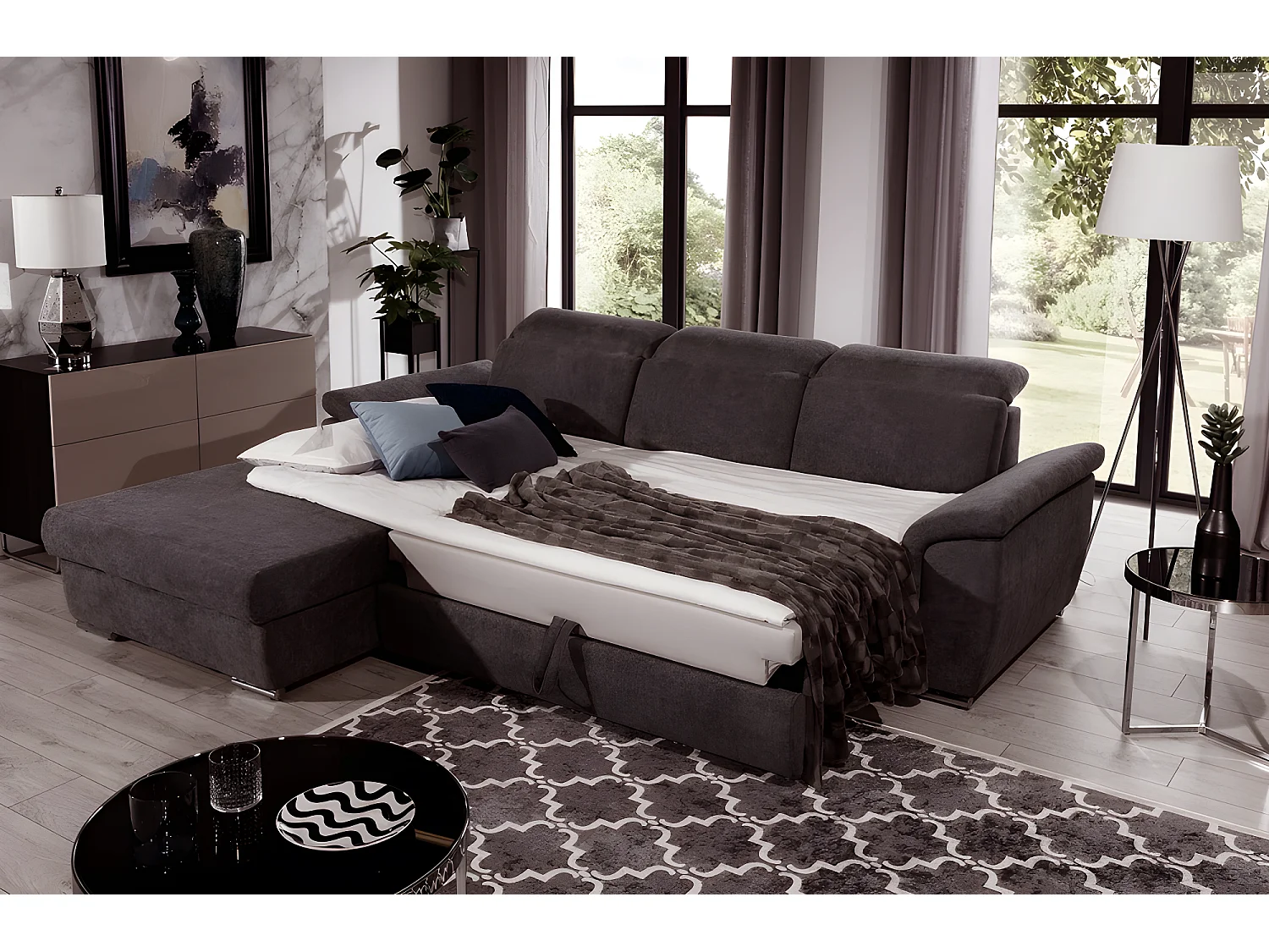 Canapé d'angle convertible en tissu Luxe, marron, 5 places, angle gauche (vu de face) , TRESOR