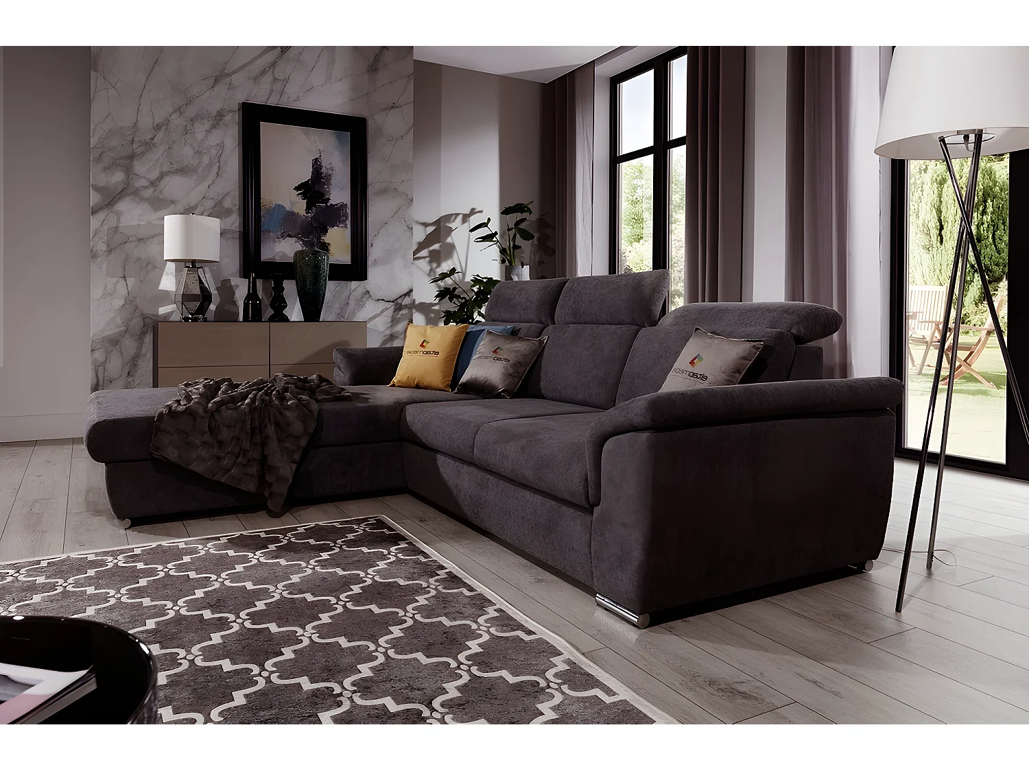 Canapé d'angle convertible en tissu Luxe, marron, 5 places, angle gauche (vu de face) , TRESOR