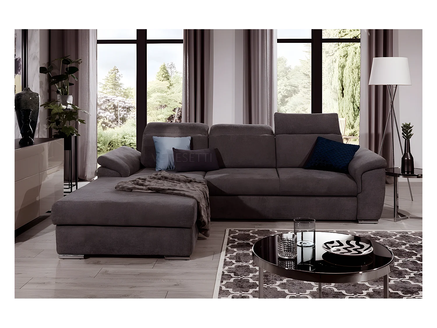 Canapé d'angle convertible en tissu Luxe, marron, 5 places, angle gauche (vu de face) , TRESOR