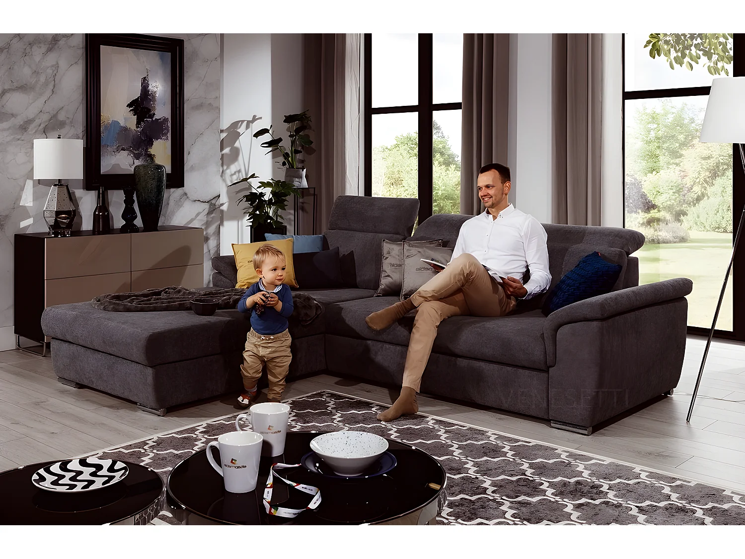 Canapé d'angle convertible en tissu Luxe, marron, 5 places, angle gauche (vu de face) , TRESOR