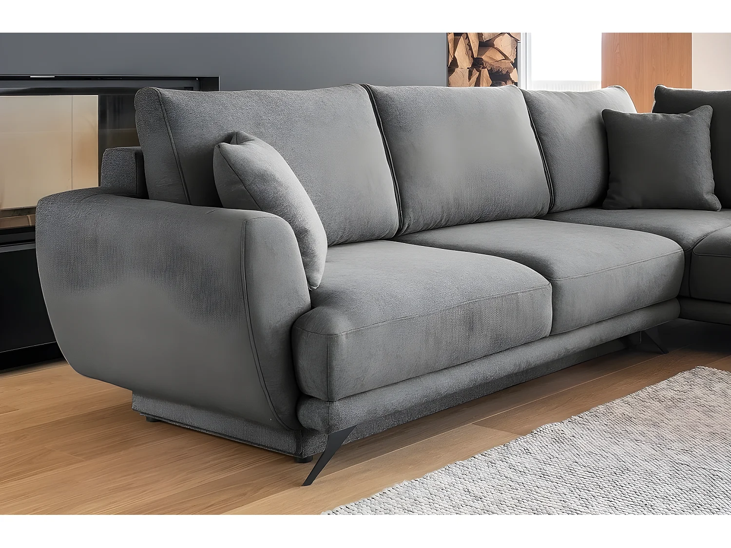 Canapé d'angle convertible - LARSON - en tissu Luxe, 5 places, gris foncé, angle droit (vu de face)