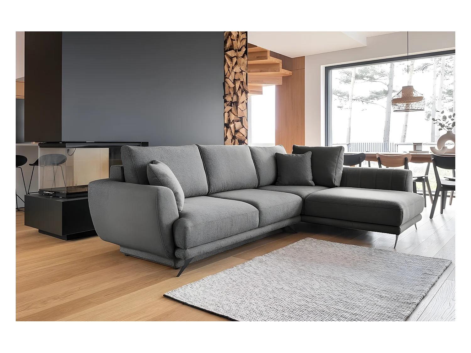 Canapé d'angle convertible - LARSON - en tissu Luxe, 5 places, gris foncé, angle droit (vu de face)