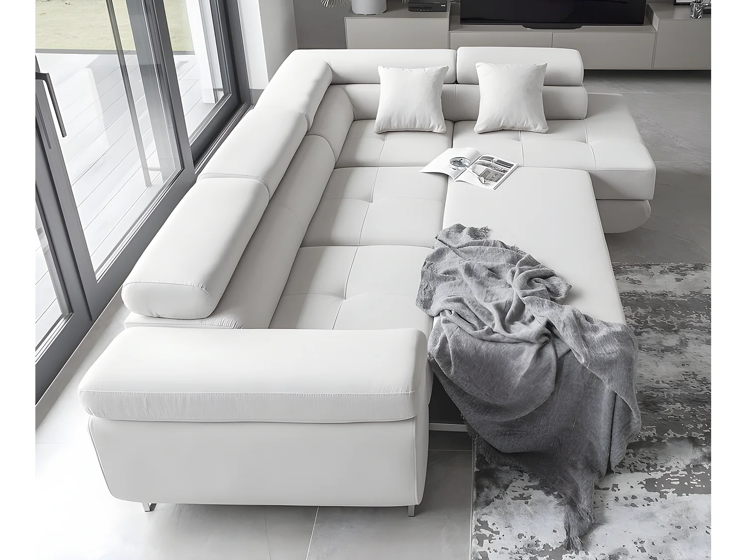 Canapé d'angle convertible en tissu luxe 5 places, ANNECY VELOURS Luxe, couleur blanc, angle droit (vu de face)