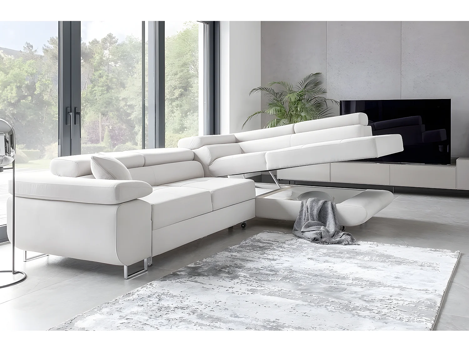 Canapé d'angle convertible en tissu luxe 5 places, ANNECY VELOURS Luxe, couleur blanc, angle droit (vu de face)