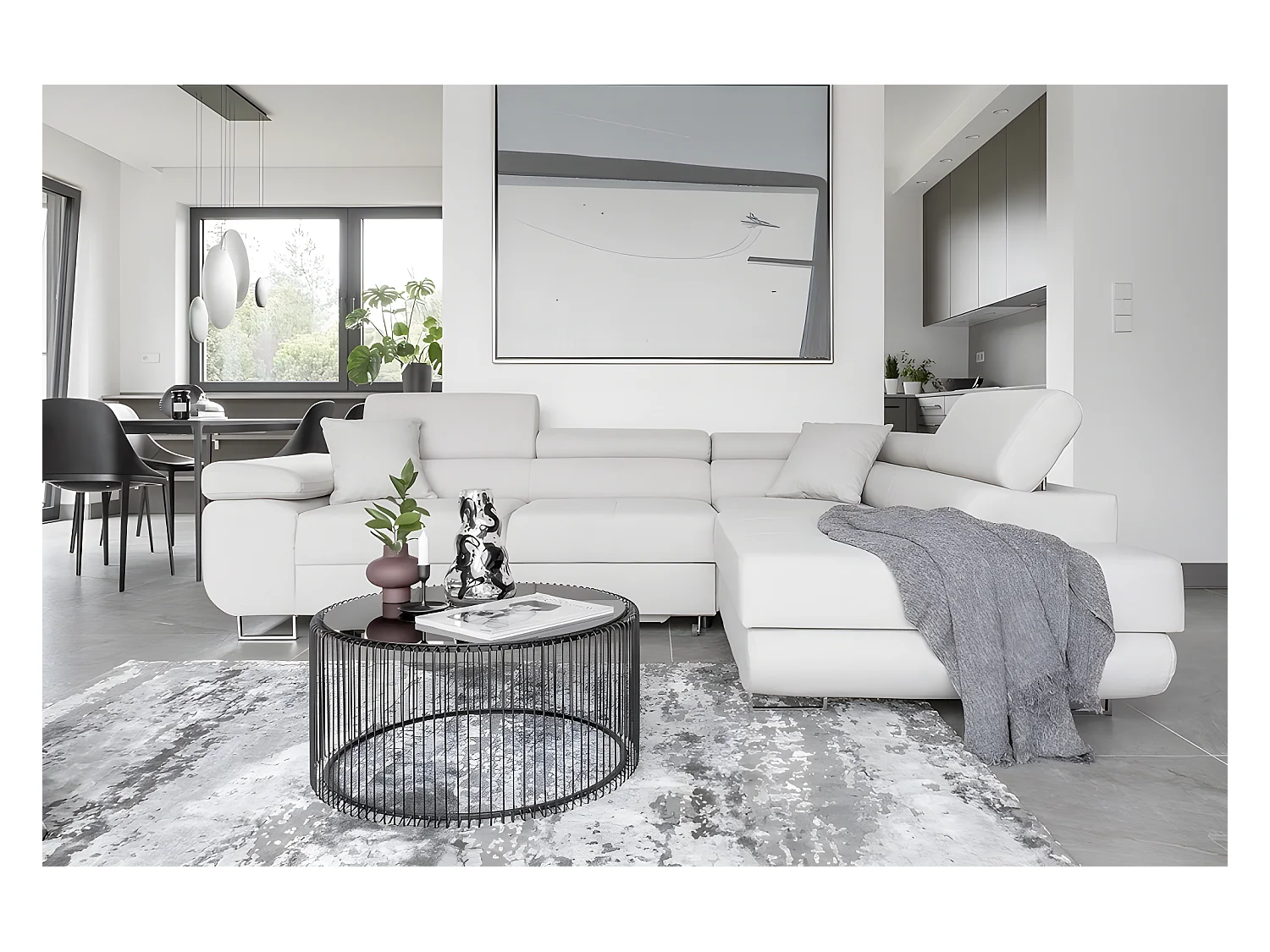Canapé d'angle convertible en tissu luxe 5 places, ANNECY VELOURS Luxe, couleur blanc, angle droit (vu de face)
