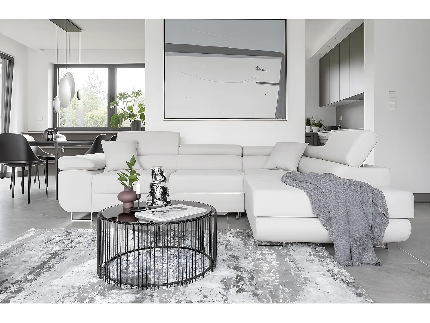 Canapé d'angle convertible en tissu luxe 5 places, ANNECY VELOURS Luxe, couleur blanc, angle droit (vu de face)