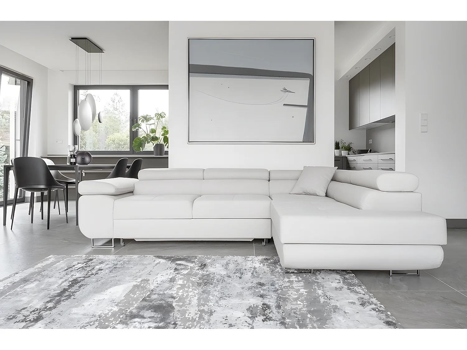 Canapé d'angle convertible en tissu luxe 5 places, ANNECY VELOURS Luxe, couleur blanc, angle droit (vu de face)