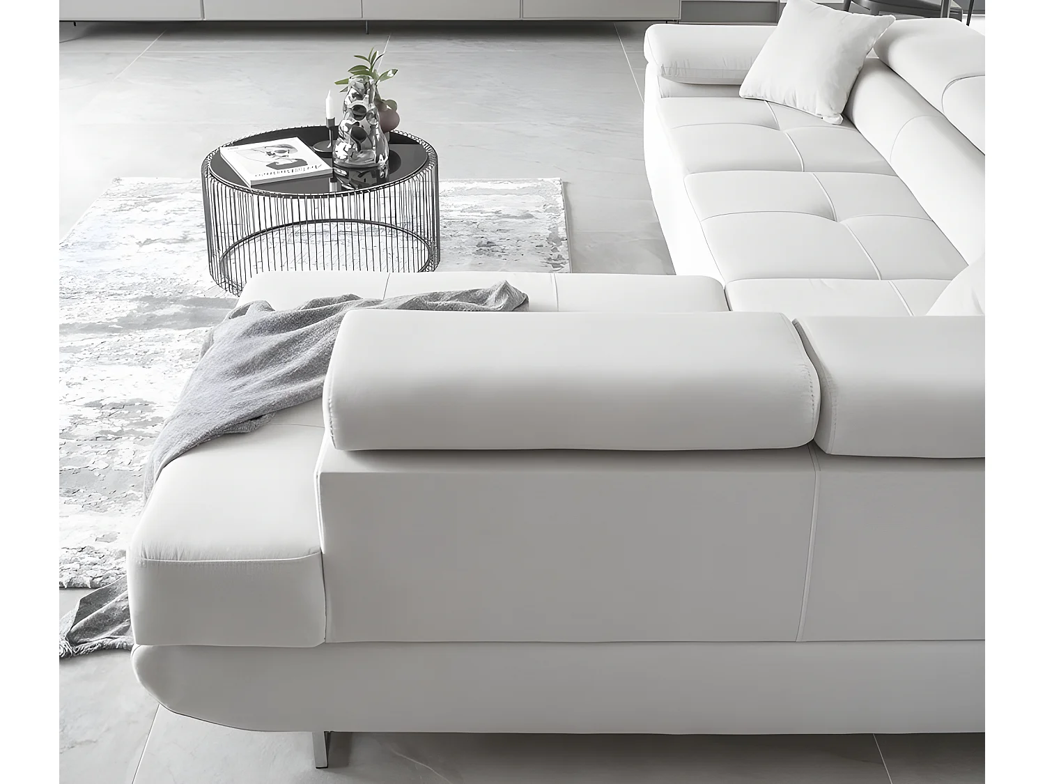 Canapé d'angle convertible en tissu luxe 5 places, ANNECY VELOURS Luxe, couleur blanc, angle droit (vu de face)