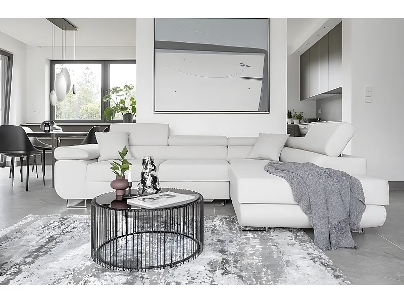 Canapé d'angle convertible en tissu luxe 5 places, ANNECY VELOURS Luxe, couleur blanc, angle droit (vu de face)