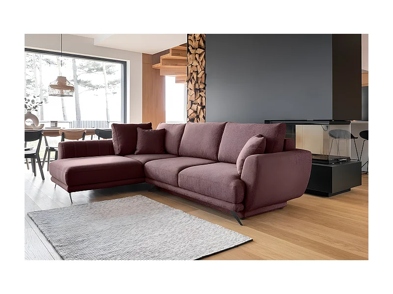 Canapé d'angle convertible - LARSON - en tissu Luxe - 5 places, bordeaux, angle gauche (vu de face)