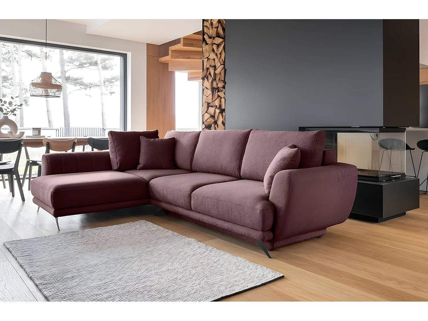 Canapé d'angle convertible - LARSON - en tissu Luxe - 5 places, bordeaux, angle gauche (vu de face)