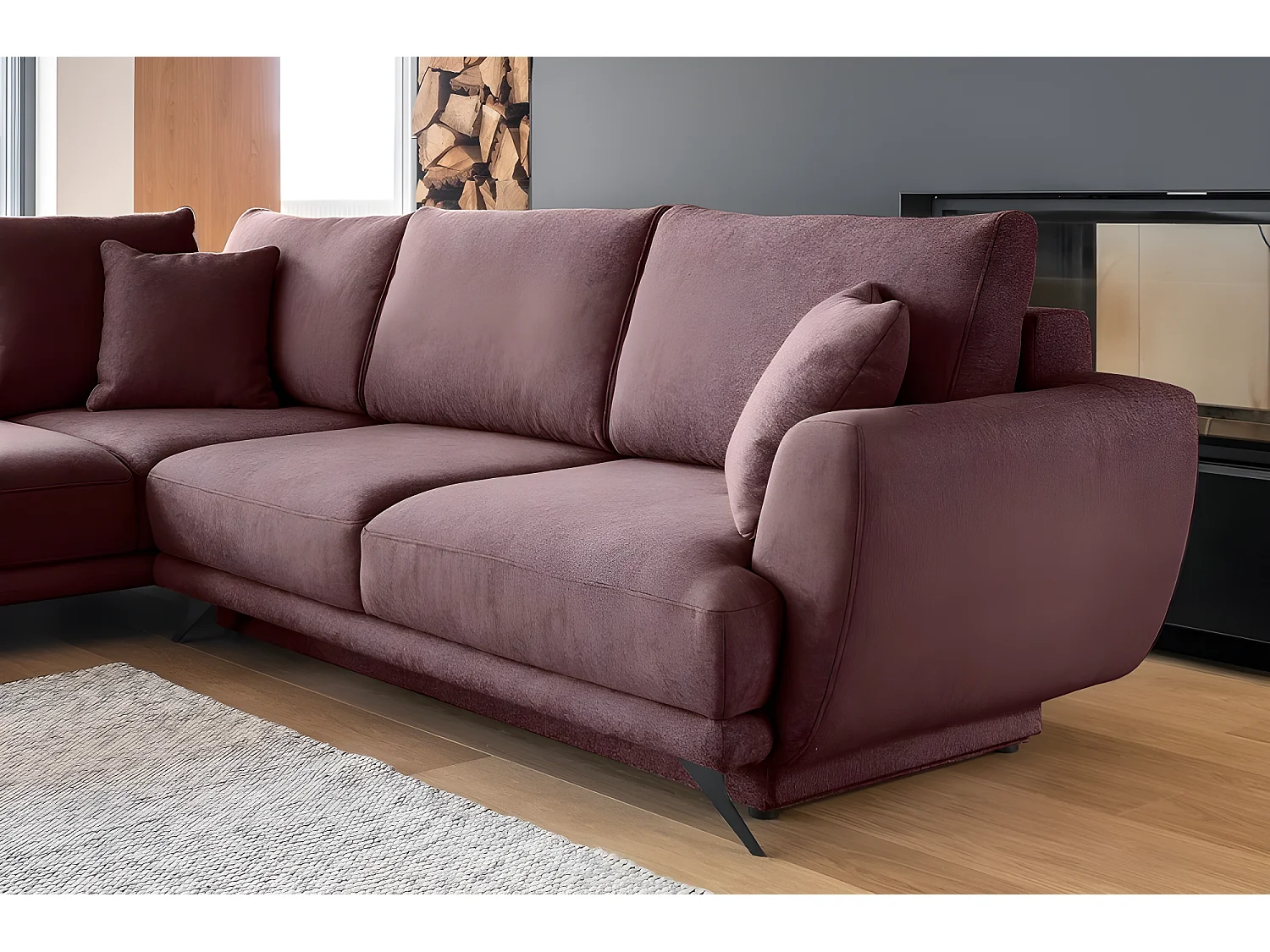 Canapé d'angle convertible - LARSON - en tissu Luxe - 5 places, bordeaux, angle gauche (vu de face)