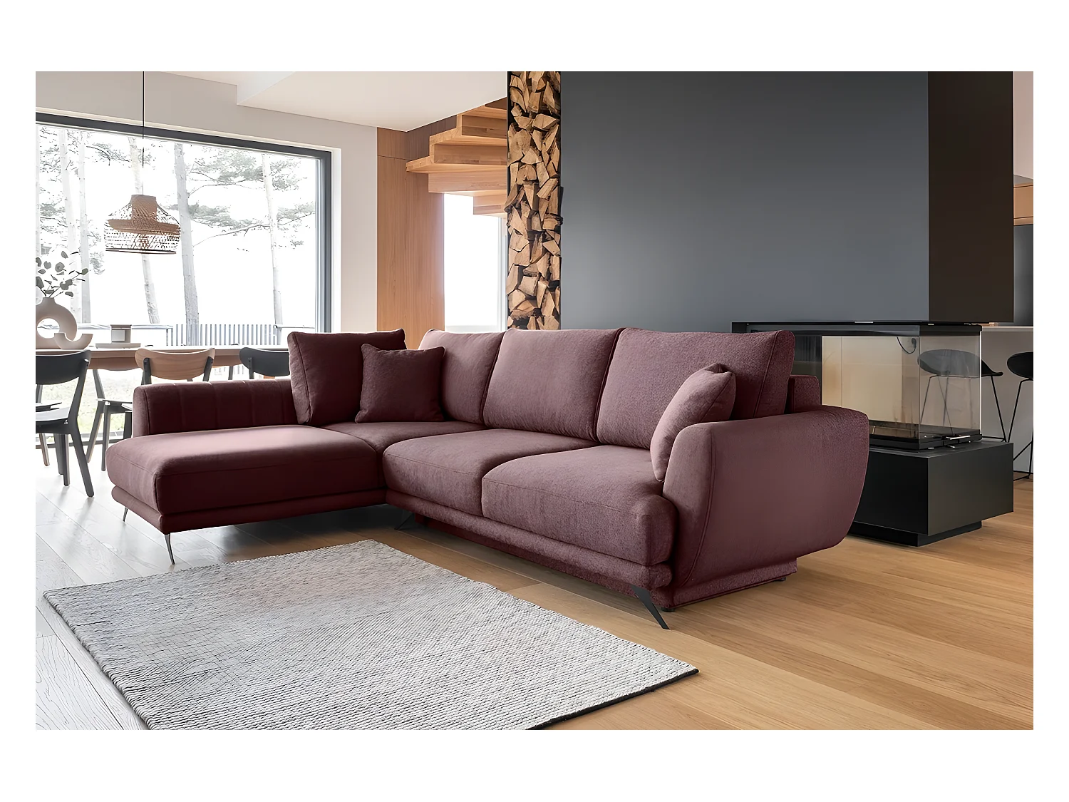Canapé d'angle convertible - LARSON - en tissu Luxe - 5 places, bordeaux, angle gauche (vu de face)