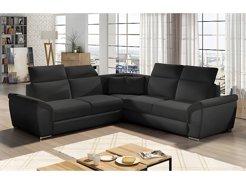 Canapé d'angle - convertible - FELIPE - en tissu noir et simili cuir noir, 5/6 places