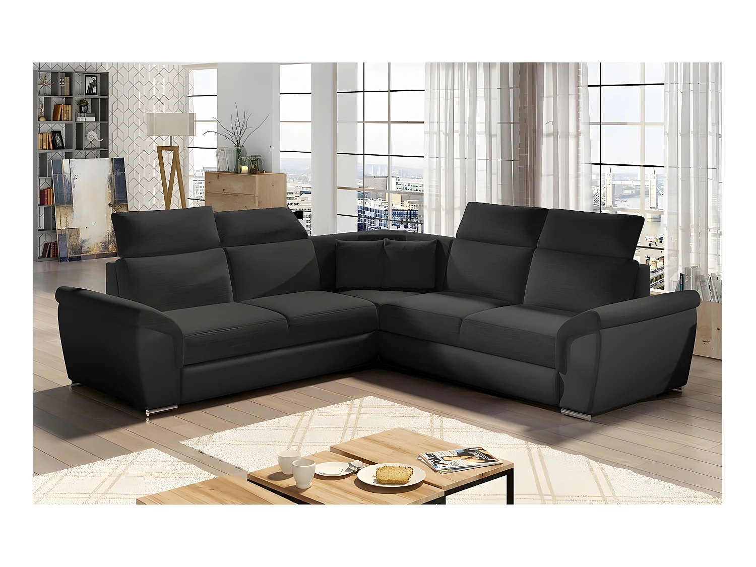 Canapé d'angle - convertible - FELIPE - en tissu noir et simili cuir noir, 5/6 places