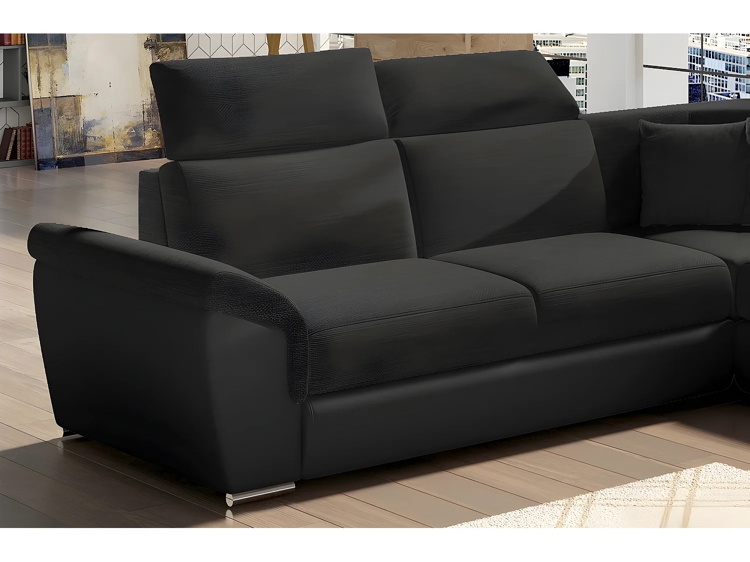 Canapé d'angle - convertible - FELIPE - en tissu noir et simili cuir noir, 5/6 places