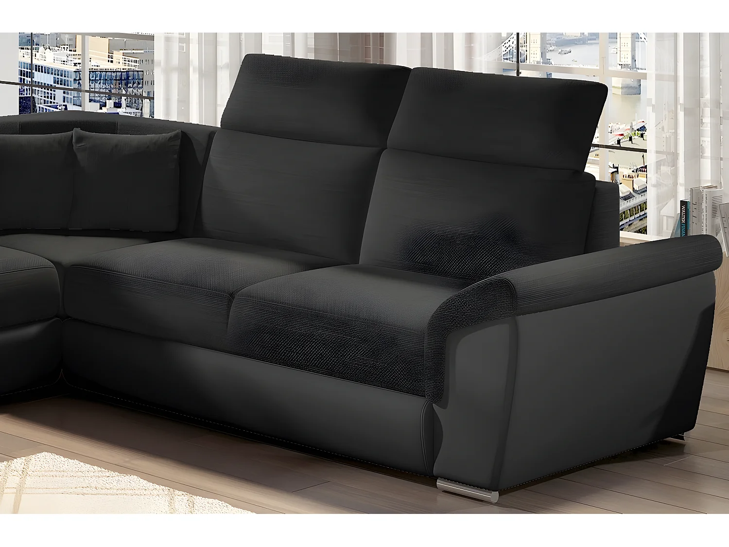 Canapé d'angle - convertible - FELIPE - en tissu noir et simili cuir noir, 5/6 places