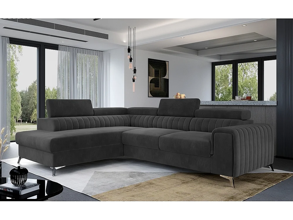 Canapé d'angle convertible - LARRY VELOURS - en tissu Luxe gris foncé, 5 places, angle gauche (vu de face)