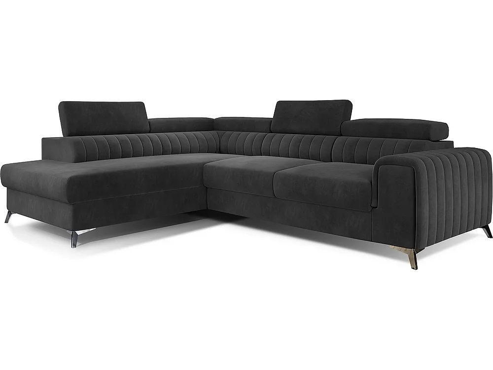 Canapé d'angle convertible - LARRY VELOURS - en tissu Luxe gris foncé, 5 places, angle gauche (vu de face)