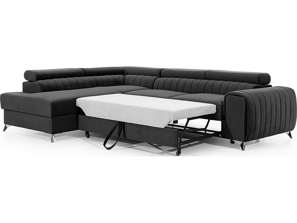 Canapé d'angle convertible - LARRY VELOURS - en tissu Luxe gris foncé, 5 places, angle gauche (vu de face)