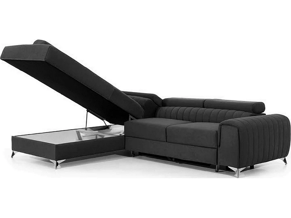 Canapé d'angle convertible - LARRY VELOURS - en tissu Luxe gris foncé, 5 places, angle gauche (vu de face)