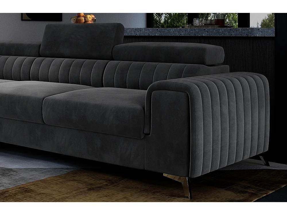 Canapé d'angle convertible - LARRY VELOURS - en tissu Luxe gris foncé, 5 places, angle gauche (vu de face)