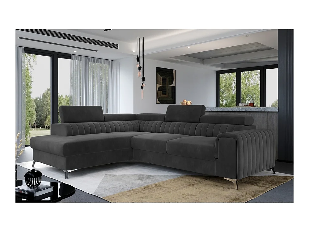 Canapé d'angle convertible - LARRY VELOURS - en tissu Luxe gris foncé, 5 places, angle gauche (vu de face)
