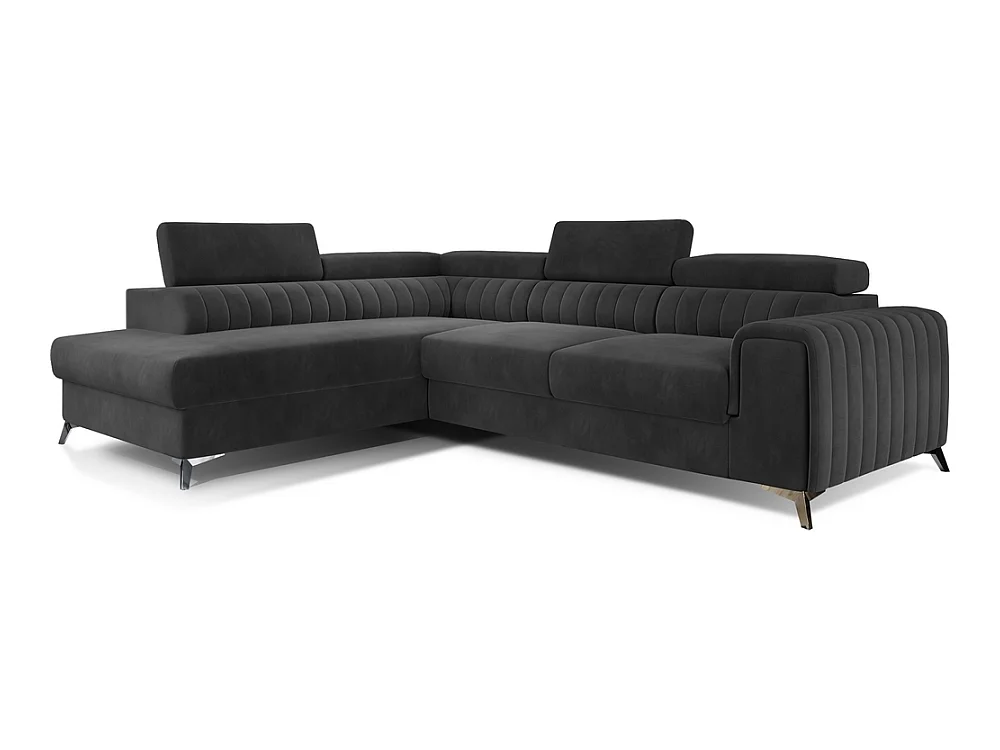 Canapé d'angle convertible - LARRY VELOURS - en tissu Luxe gris foncé, 5 places, angle gauche (vu de face)
