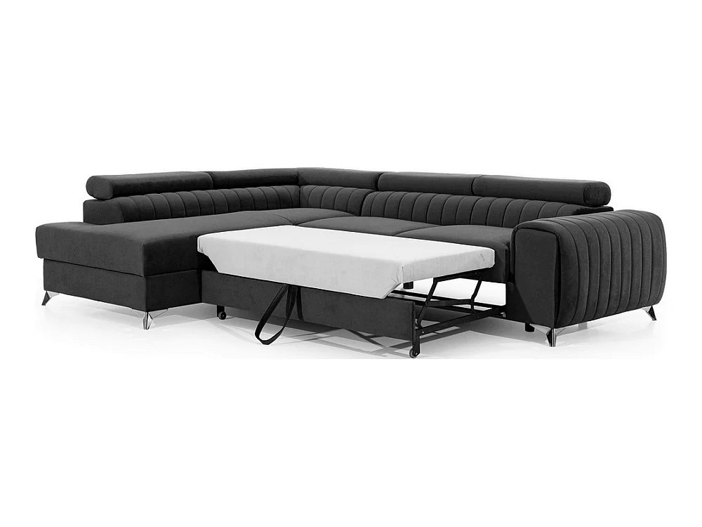 Canapé d'angle convertible - LARRY VELOURS - en tissu Luxe gris foncé, 5 places, angle gauche (vu de face)