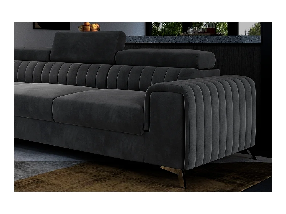 Canapé d'angle convertible - LARRY VELOURS - en tissu Luxe gris foncé, 5 places, angle gauche (vu de face)