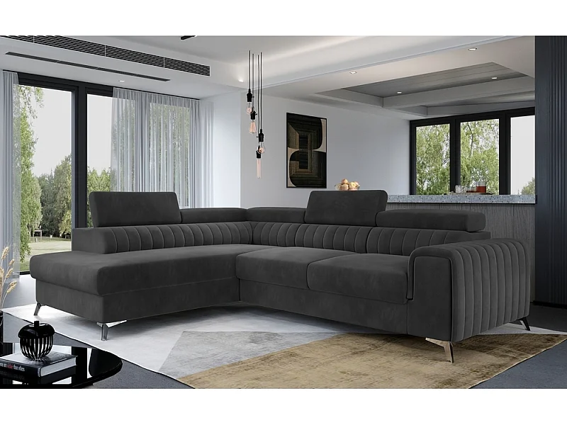 Canapé d'angle convertible - LARRY VELOURS - en tissu Luxe gris foncé, 5 places, angle gauche (vu de face)