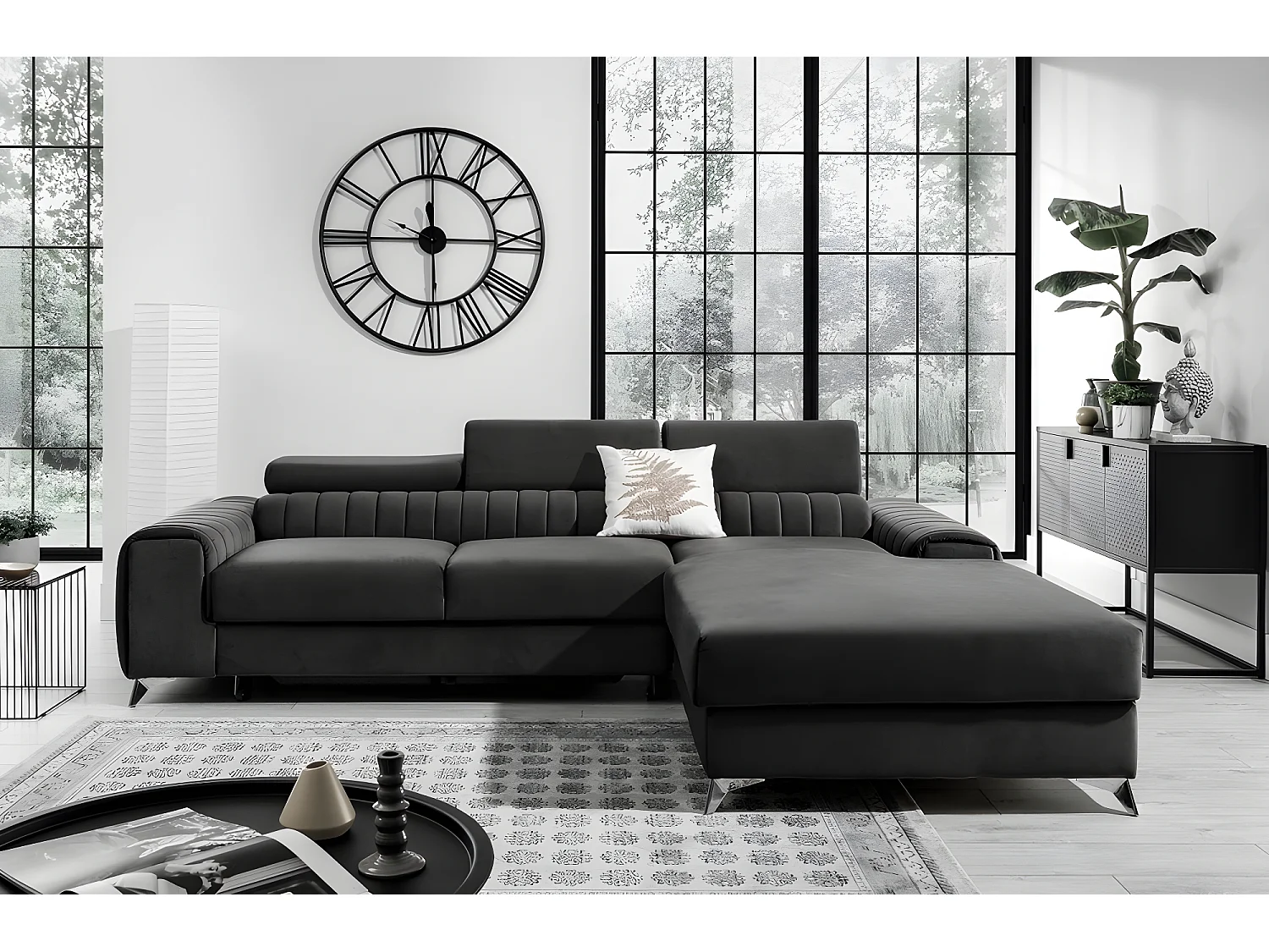 Canapé d'angle convertible en tissu velours Luxe noir, 5 places, angle droit (vu de face) - GRECE VELOURS