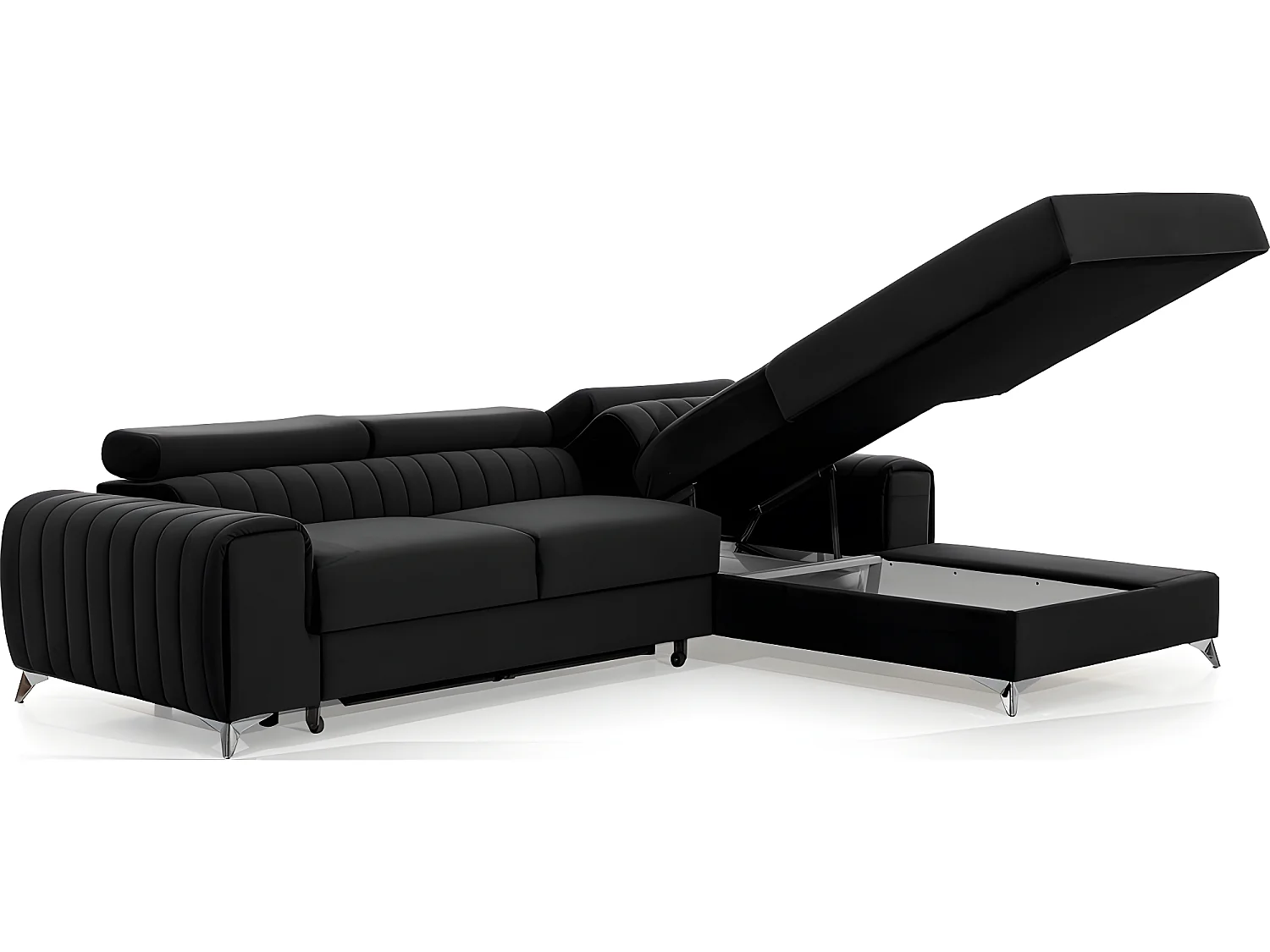 Canapé d'angle convertible en tissu velours Luxe noir, 5 places, angle droit (vu de face) - GRECE VELOURS