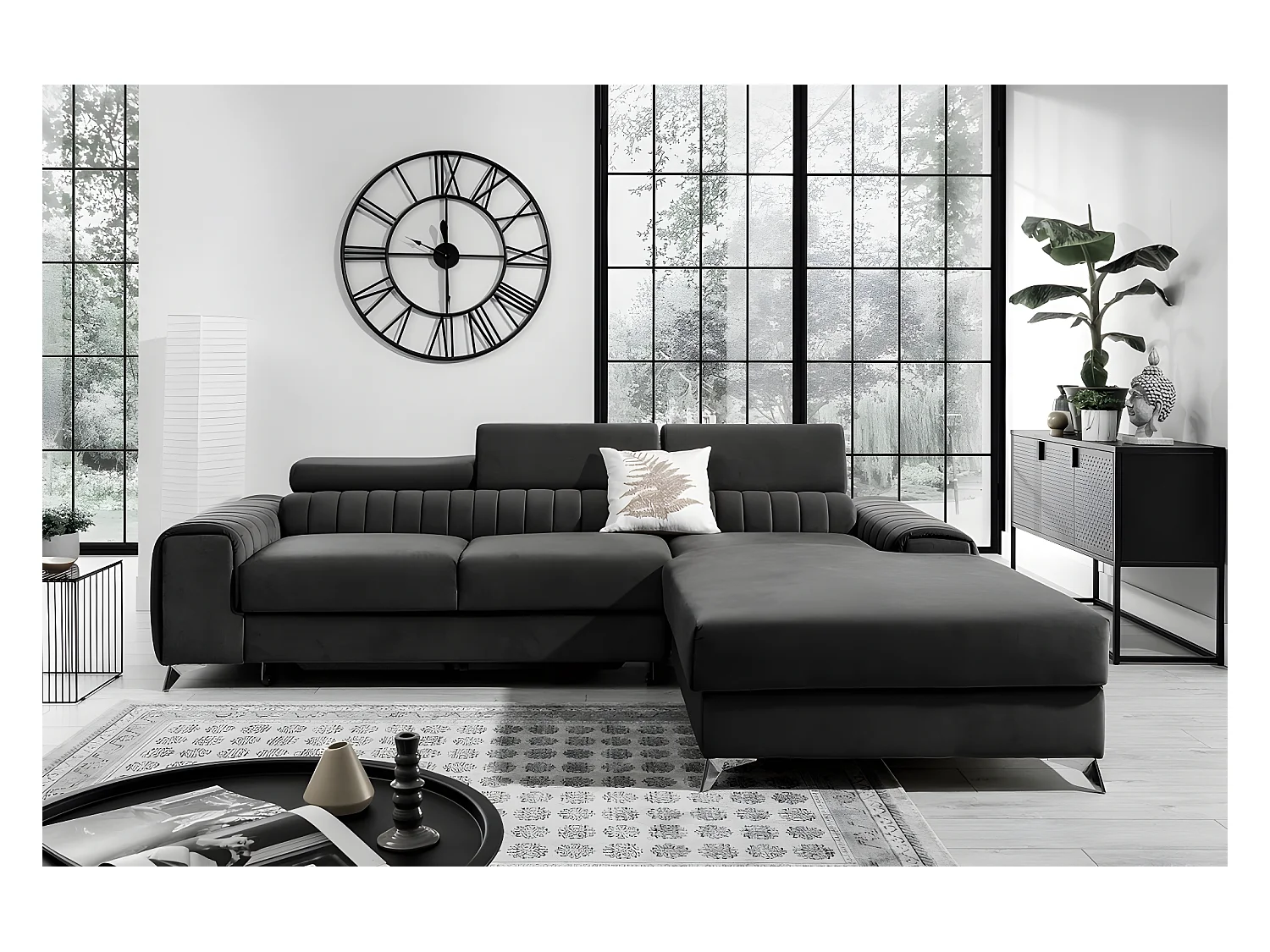 Canapé d'angle convertible en tissu velours Luxe noir, 5 places, angle droit (vu de face) - GRECE VELOURS