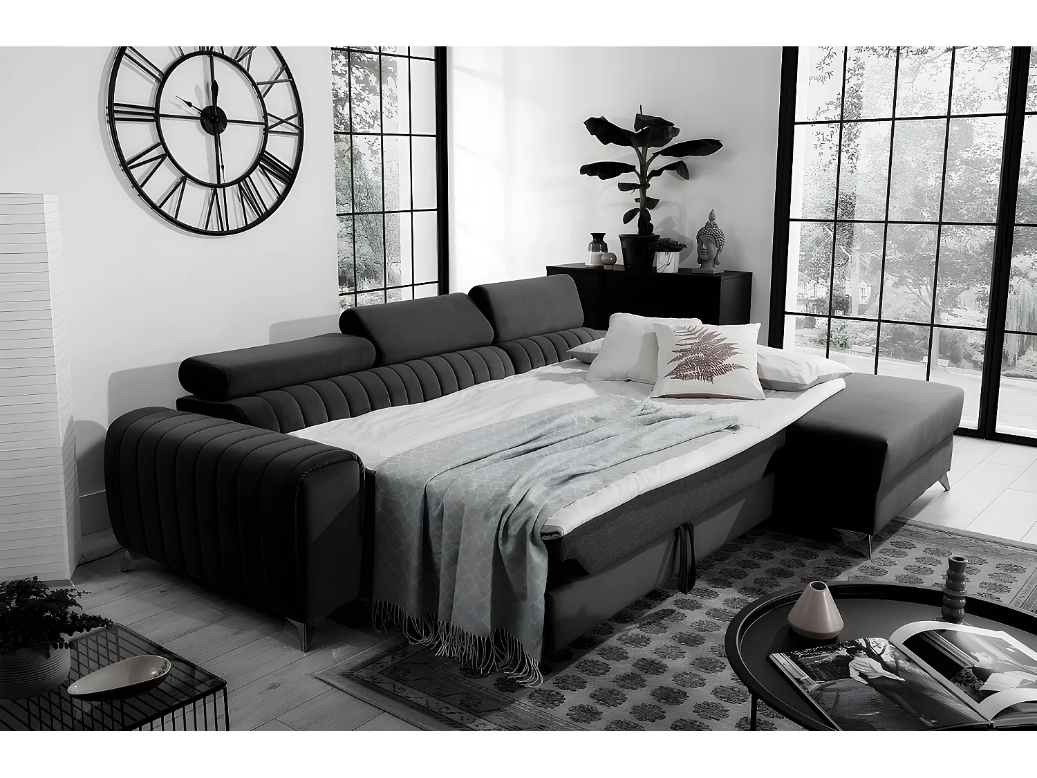 Canapé d'angle convertible en tissu velours Luxe noir, 5 places, angle droit (vu de face) - GRECE VELOURS