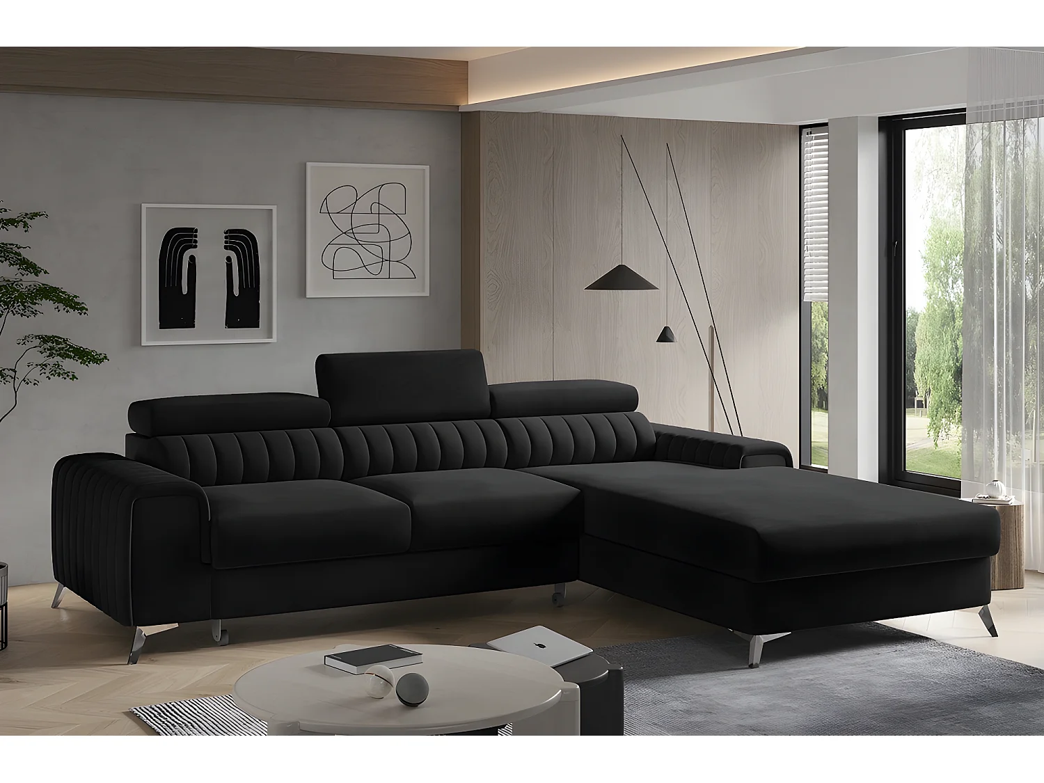 Canapé d'angle convertible en tissu velours Luxe noir, 5 places, angle droit (vu de face) - GRECE VELOURS