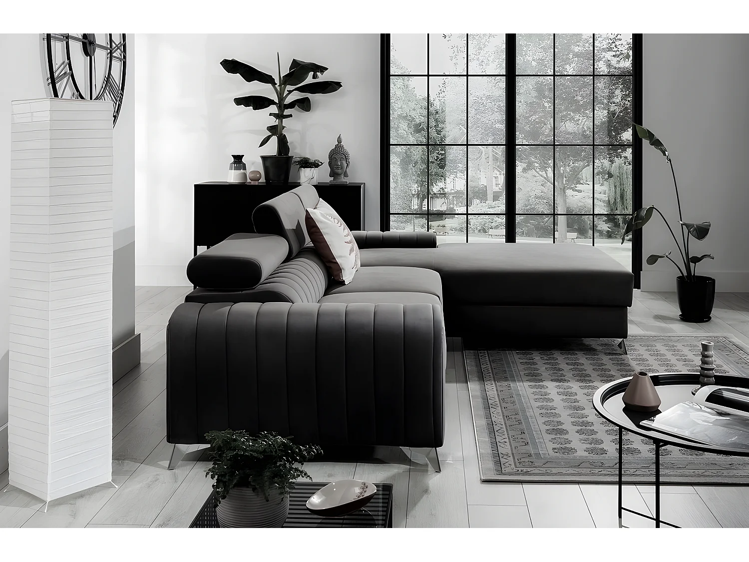 Canapé d'angle convertible en tissu velours Luxe noir, 5 places, angle droit (vu de face) - GRECE VELOURS