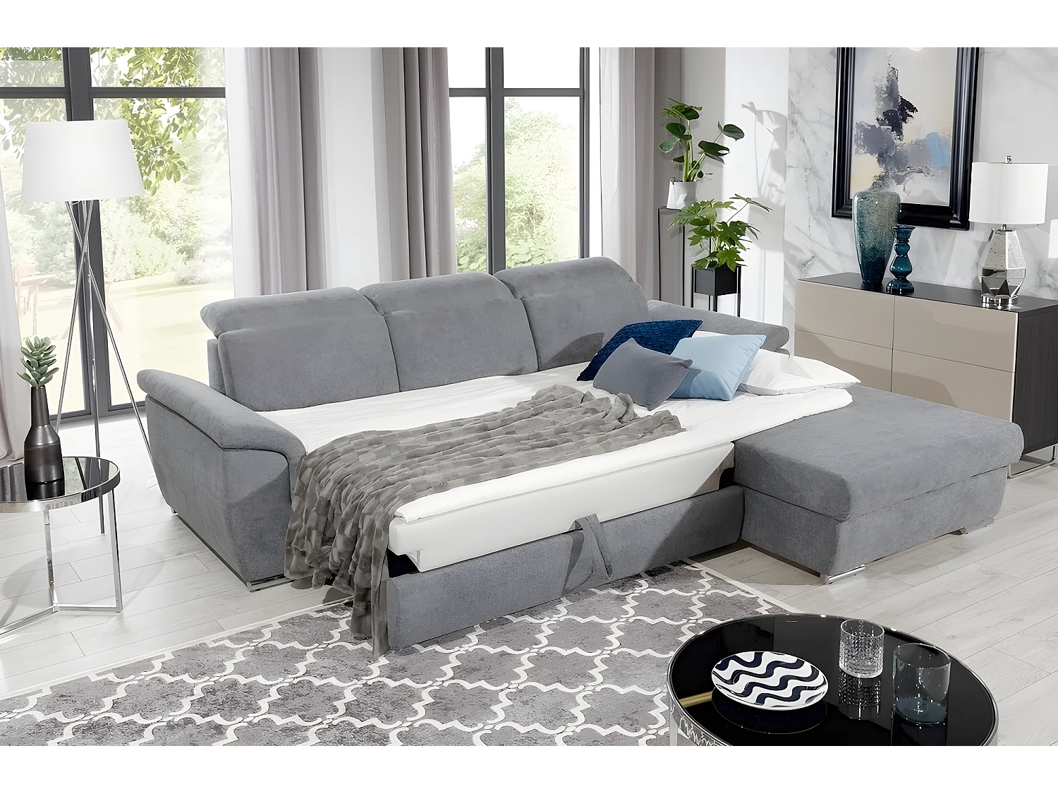 Canapé d'angle convertible en tissu Luxe, gris, 5 places, angle droit (vu de face) , TRESOR