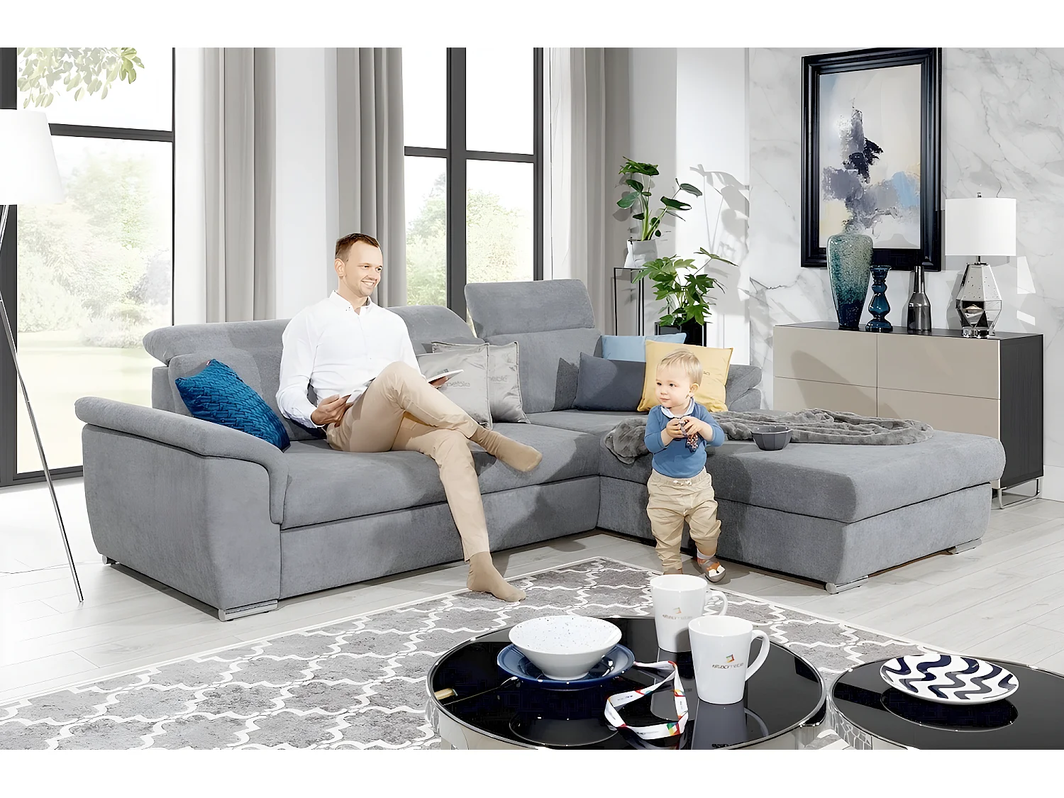 Canapé d'angle convertible en tissu Luxe, gris, 5 places, angle droit (vu de face) , TRESOR