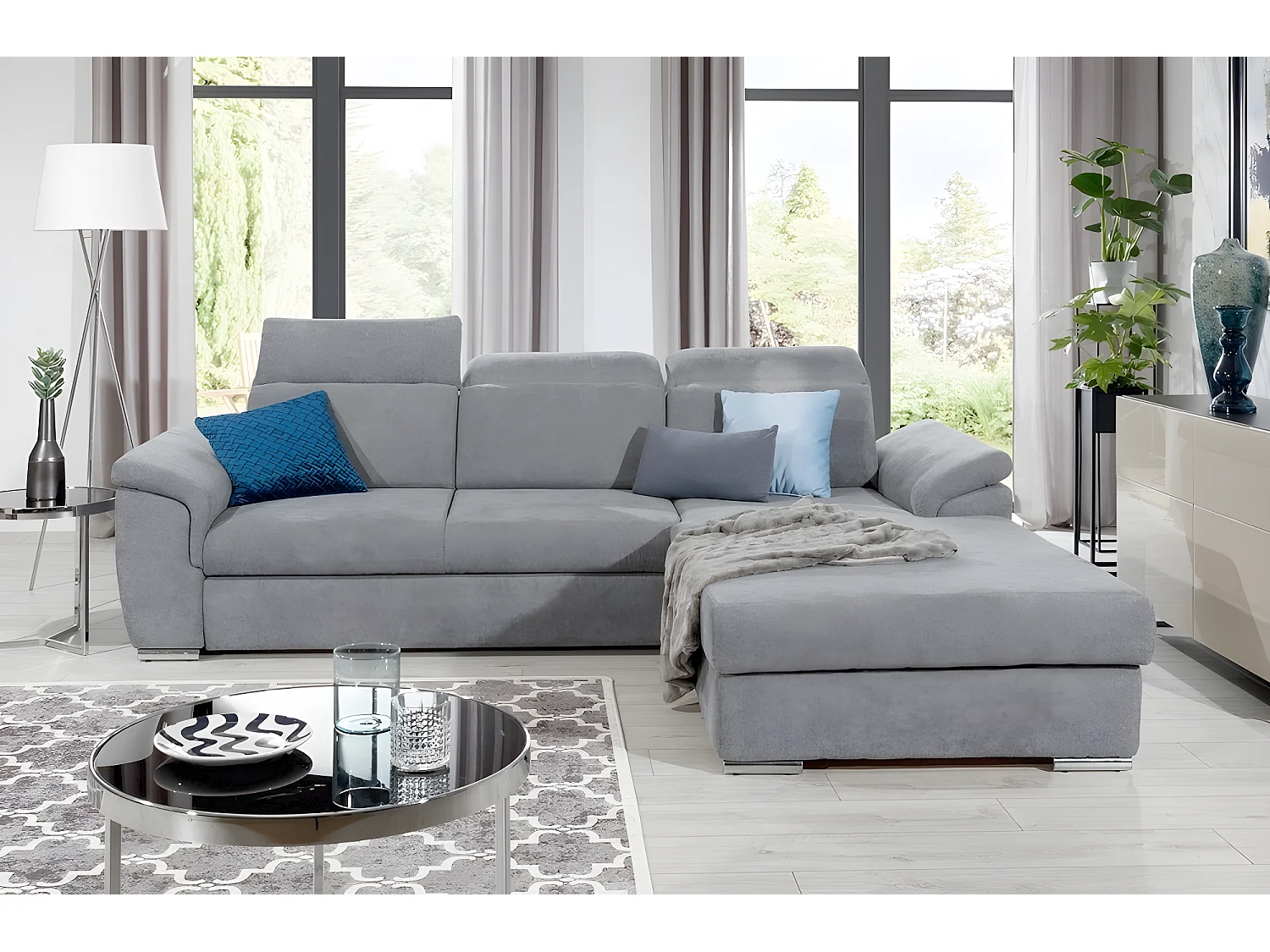 Canapé d'angle convertible en tissu Luxe, gris, 5 places, angle droit (vu de face) , TRESOR