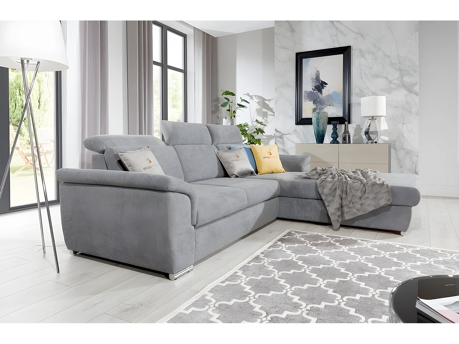 Canapé d'angle convertible en tissu Luxe, gris, 5 places, angle droit (vu de face) , TRESOR