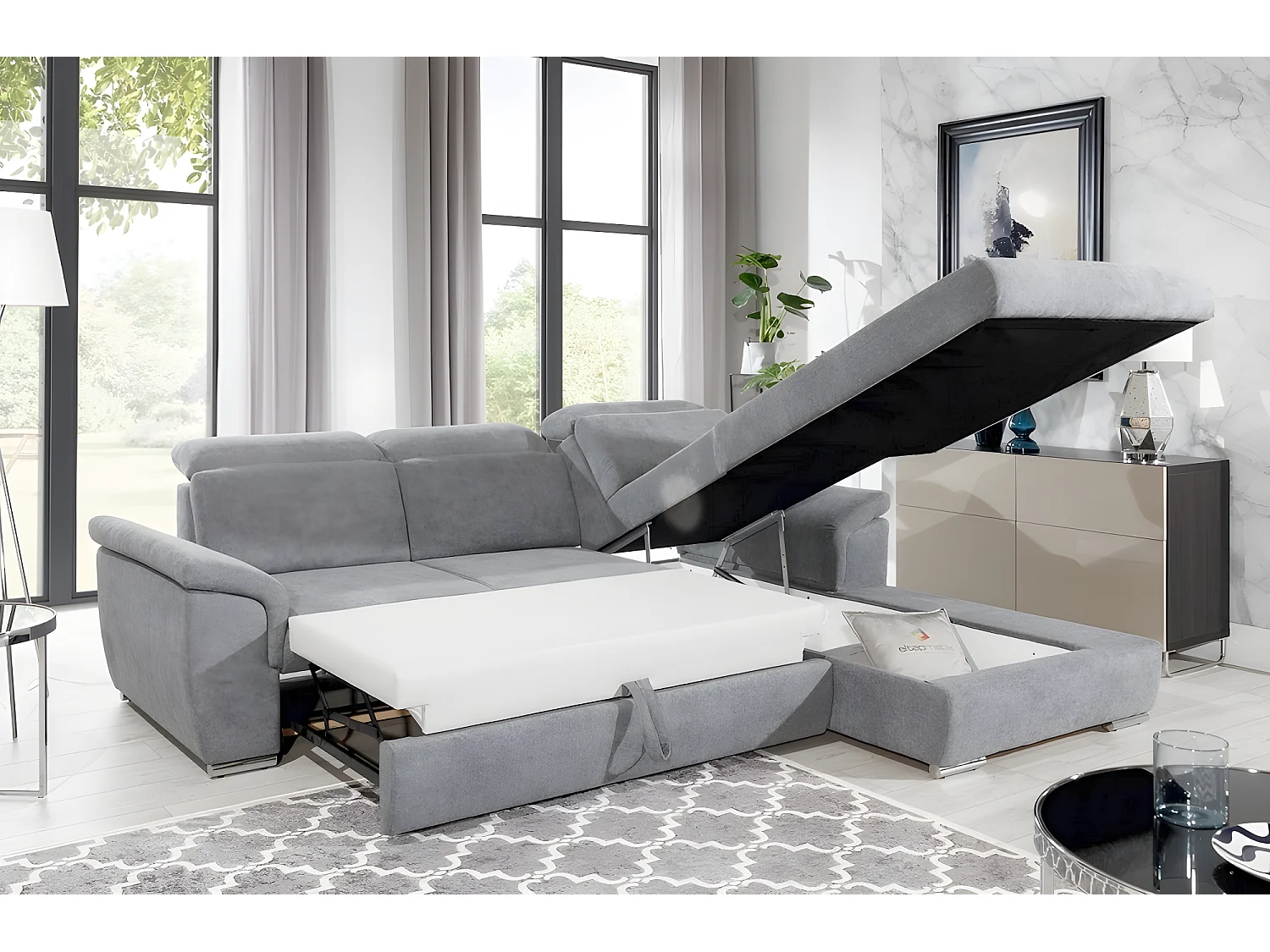 Canapé d'angle convertible en tissu Luxe, gris, 5 places, angle droit (vu de face) , TRESOR