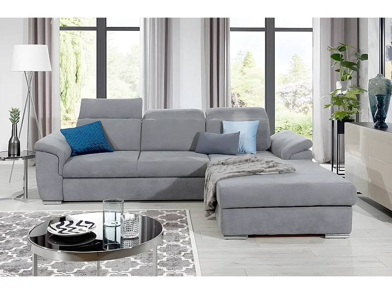 Canapé d'angle convertible en tissu Luxe, gris, 5 places, angle droit (vu de face) , TRESOR