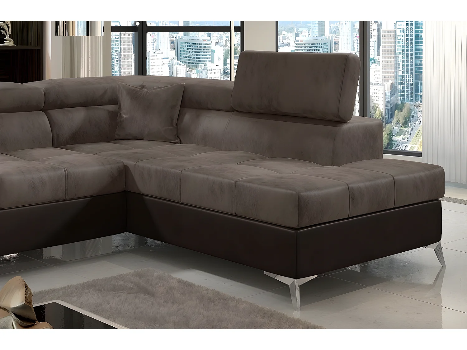 Canapé d'angle convertible - ERIKA - en tissu luxe 5 places, marron et chocolat, angle droit (vu de face)