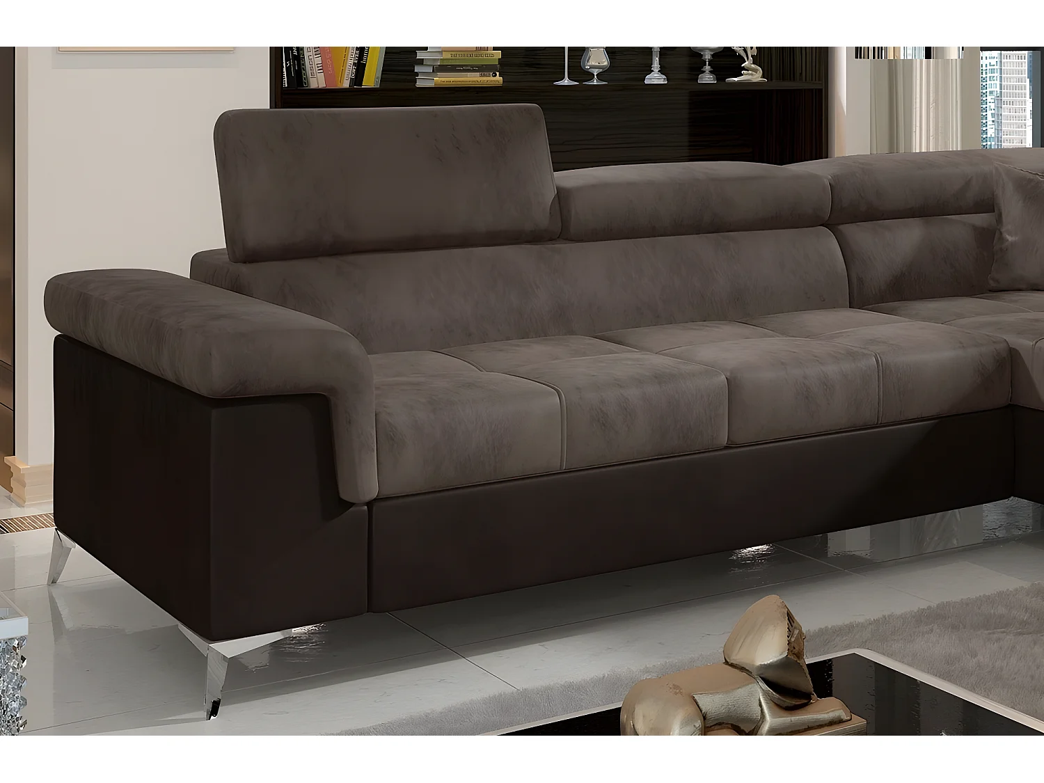 Canapé d'angle convertible - ERIKA - en tissu luxe 5 places, marron et chocolat, angle droit (vu de face)