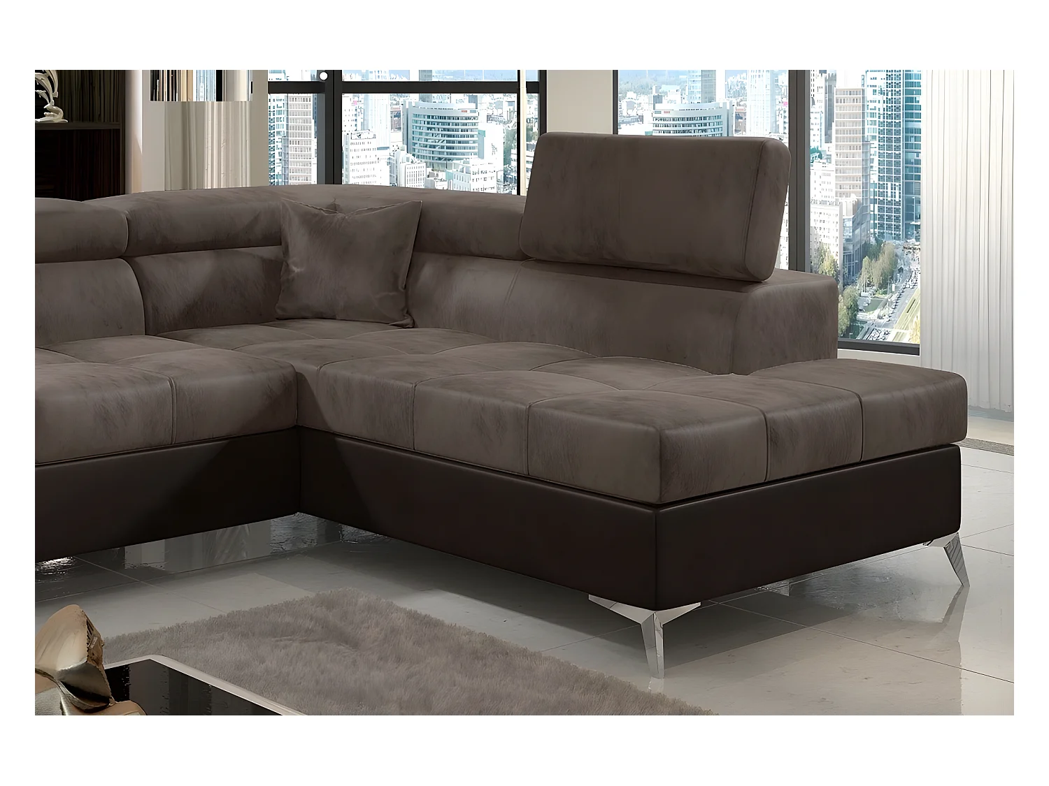 Canapé d'angle convertible - ERIKA - en tissu luxe 5 places, marron et chocolat, angle droit (vu de face)