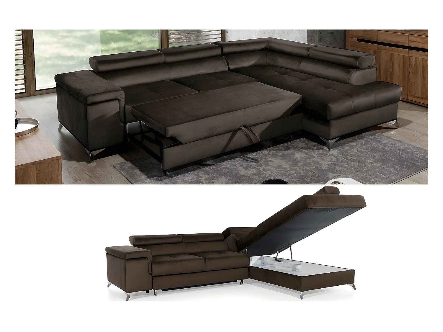 Canapé d'angle convertible - ERIKA - en tissu luxe 5 places, marron et chocolat, angle droit (vu de face)