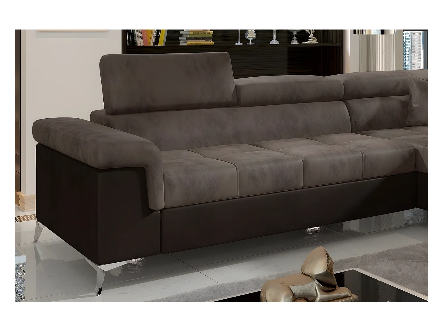 Canapé d'angle convertible - ERIKA - en tissu luxe 5 places, marron et chocolat, angle droit (vu de face)