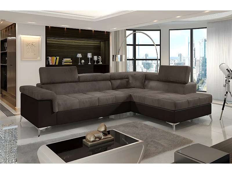 Hoekslaapbank van luxe stof ERIKA, bruin en chocolade, met opbergruimte en slaapgedeelte van 125x193 cm