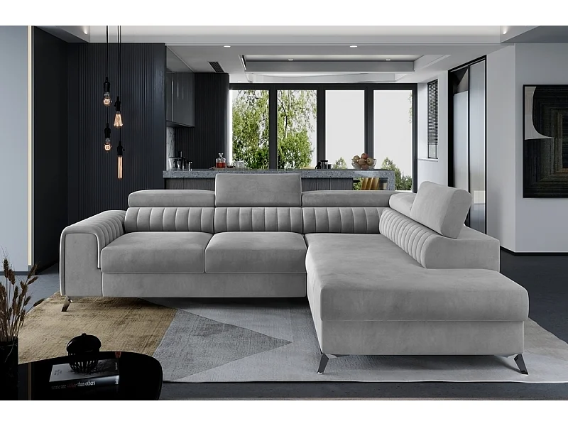 Canapé d'angle convertible - LARRY VELOURS - en tissu Luxe, 5 places, gris , angle droit (vu de face)